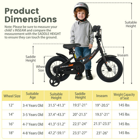 12/14/16/18 Inches Kids Bike with Removable Training Wheels and Adjustable Seatfor 3-8 Years Old Black-12 inches