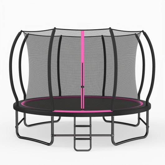 12 FT Outdoor Recreational Trampoline with Enclosure Net and 4 Stabilizer Bars for Backyard-Pink
