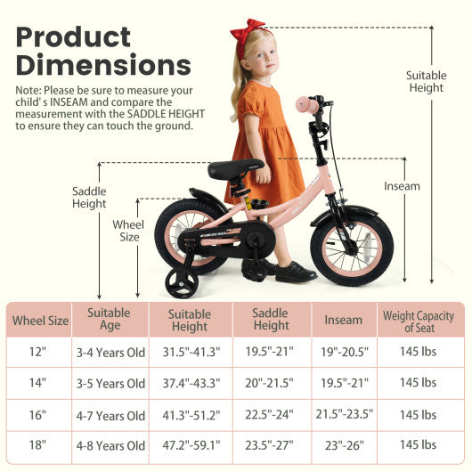 12 Inch Kids Bike Adjustable with Removable Training Wheels Pink for 3-8 Years Old