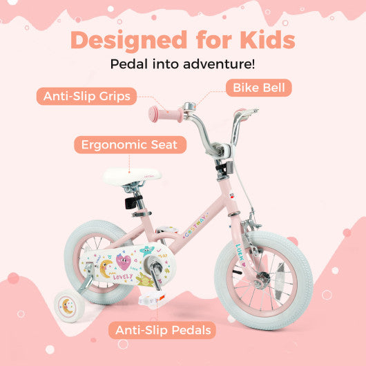 12 Inch Kids Bike Adjustable for 3-8 Years Old Children Pink - Stars & Moon