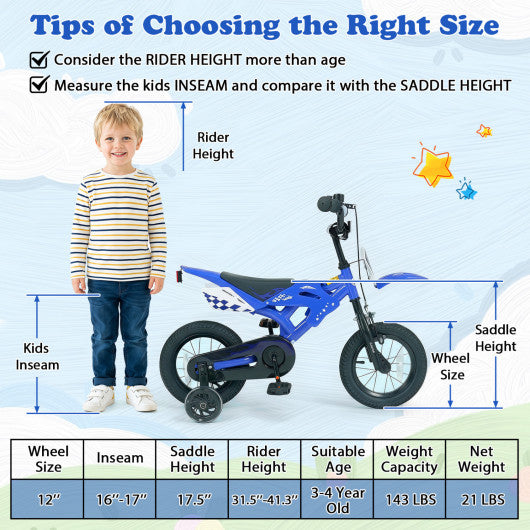 12 Inch Kids Bike Motorcycle-Inspired for Boy Girl Ages 3-4 Years-Blue