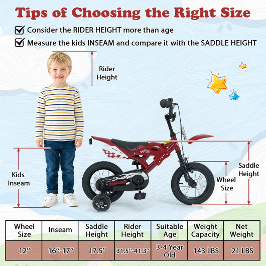 12 Inch Kids Bike Motorcycle-Inspired for Boy Girl Ages 3-4 Years-Red