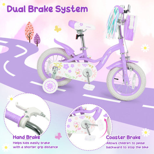 12 Inches Girls Bike with Front Bag and Streamers for 3-4 Years Purple