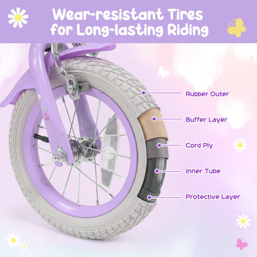 12 Inches Girls Bike with Front Bag and Streamers for 3-4 Years Purple