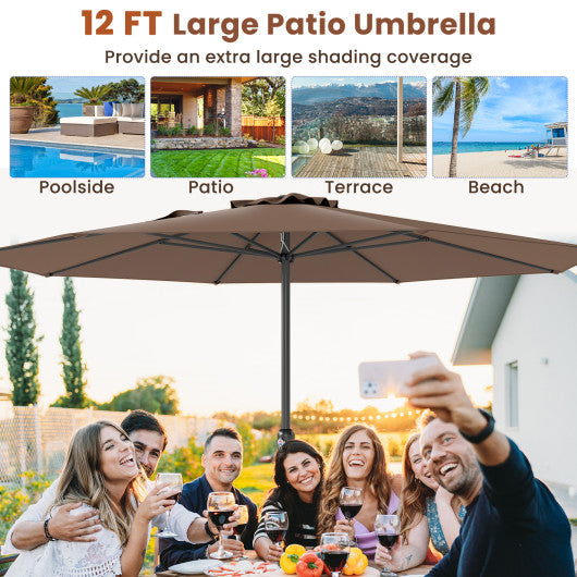 12 Feet Patio Umbrella with Crank Handle and 8 Sturdy Ribs-Coffee