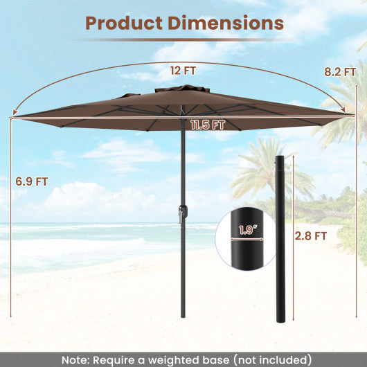 12 Feet Patio Umbrella with Crank Handle and 8 Sturdy Ribs-Coffee