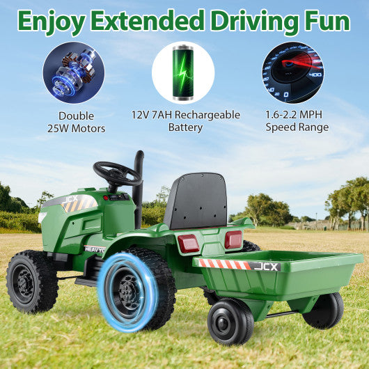 12V 2-in-1 Kids Ride On Tractor with Trailer and 3-Gear Shift-Grayish Green