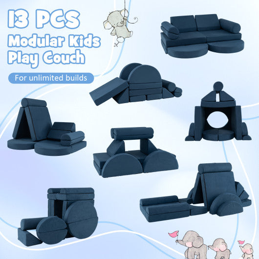 13 Pieces Convertible Modular Kids Play Couch for Nursery Playroom Bedroom-Blue