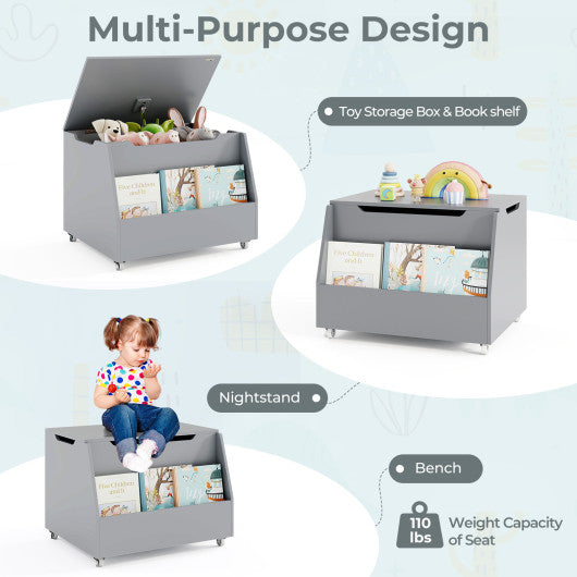 Wooden Mobile Toy Storage Organizer with Bookshelf and Lockable Wheels-Gray