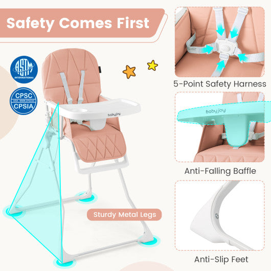 Easy Clean Compact Highchair with Removable Adjustable Tray and PU Seat Cushion-Pink