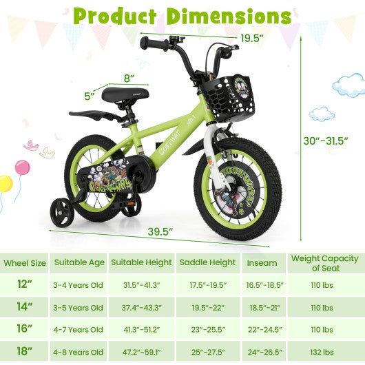 14 Inch Kids Bike Adjustable with Detachable Training Wheels for 3-5 Years Old-14 inches