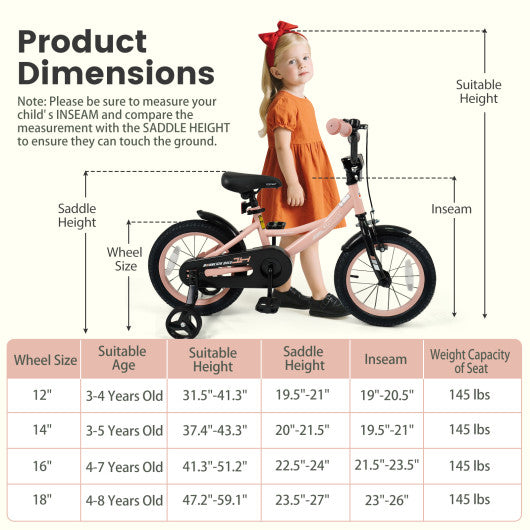 14 Inch Kids Bike Adjustable with Removable Training Wheels Pink for 3-8 Years Old