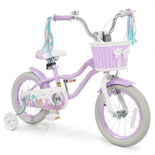 14 Inch Kids Bike Adjustable with Basket and Streamers Purple - Princess of the Sea Theme