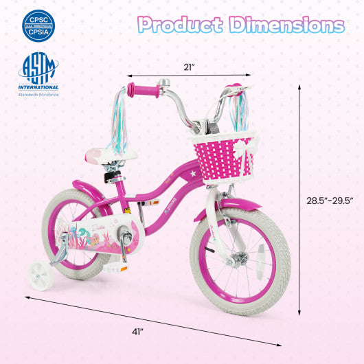 14-Inch Kids Bike Adjustable with Basket and Streamers Rose Red - Princess of the Sea Theme