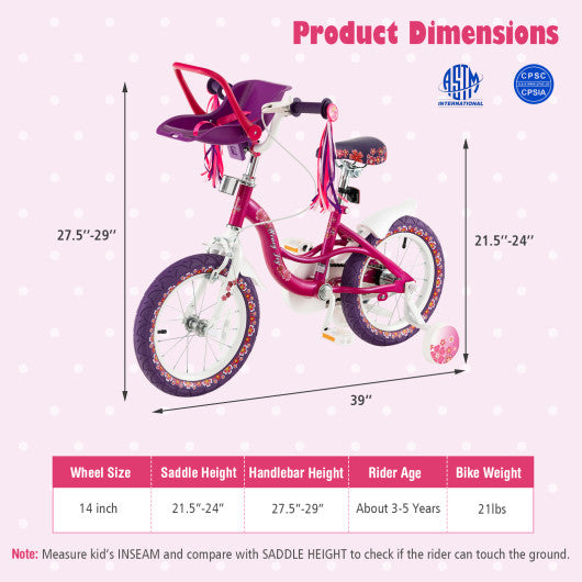 14 Inch Kids Bike with Doll Seat and Removable Training Wheels-14 inches