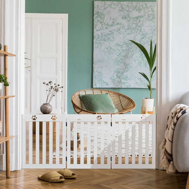 24 Inch Folding Wooden Freestanding Dog Gate with 360¡ã Flexible Hinge for Pet-White