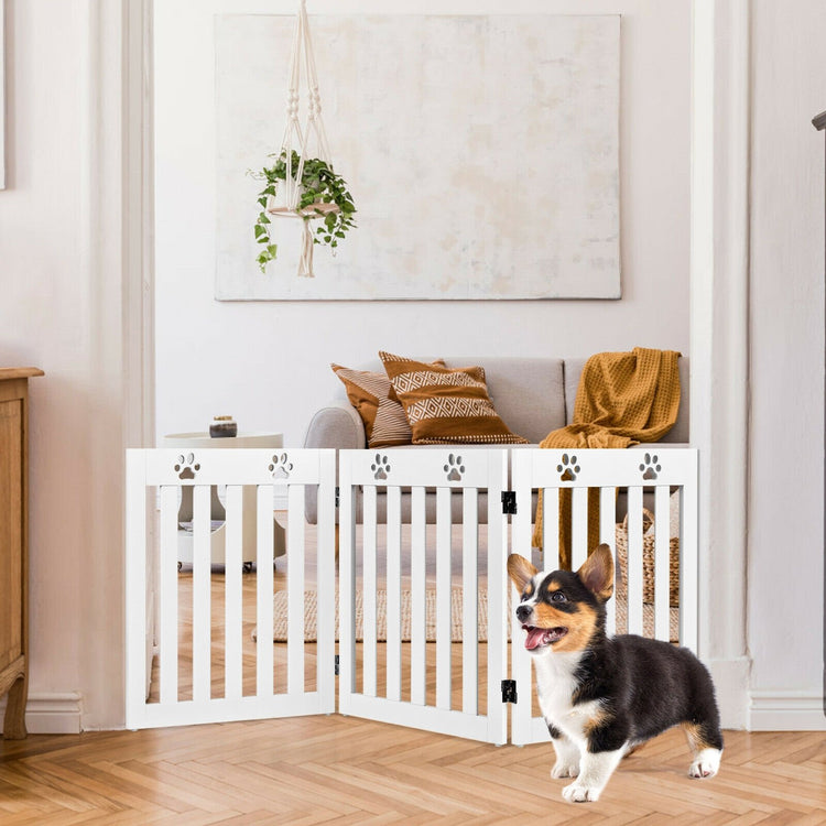 24 Inch Folding Wooden Freestanding Dog Gate with 360¡ã Flexible Hinge for Pet-White