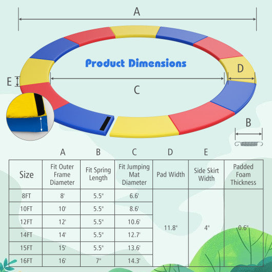 16 Feet Trampoline Pad Replacement Safety Pad with Fixing Straps (Multicolor)
