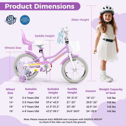 16 Inches Girls Bike Kids Bicycle with Doll Seat and Streamers for Children 4-7 Years Old
