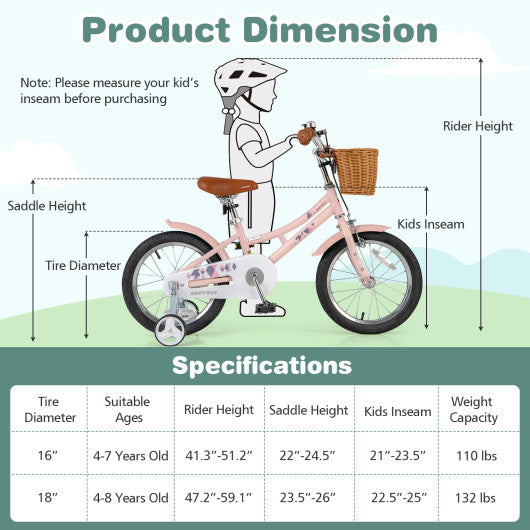 16 Inch Kids Bike Retro Bicycle with Adjustable Height and Basket for Ages 4-7 Years Old-16 inches