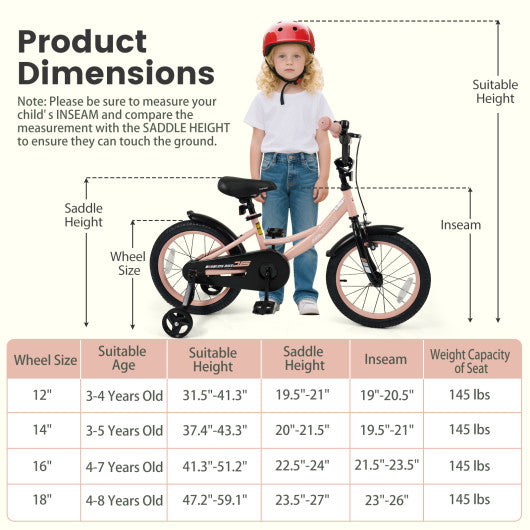 16 Inch Kids Bike Adjustable with Removable Training Wheels Pink for 3-8 Years Old