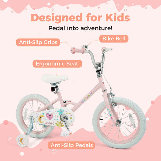 16 Inch Kids Bike Adjustable for 3-8 Years Old Children Pink - Stars & Moon