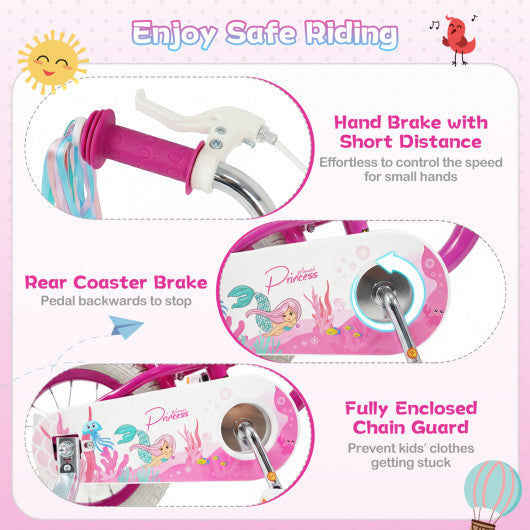 16-Inch Kids Bike Adjustable with Basket and Streamers Rose Red - Princess of the Sea Theme