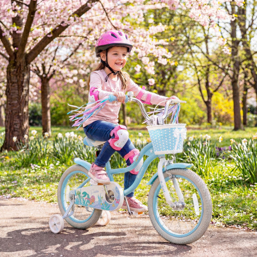 16 Inch Kids Bike Adjustable with Basket and Streamers Blue for Kids Aged 4-7 Years Old - Princess of the Sea Theme