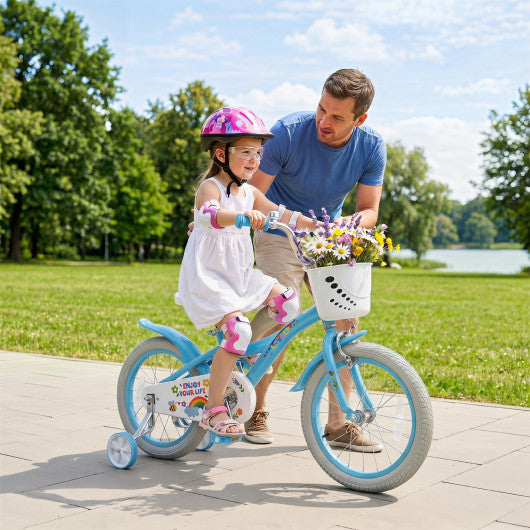 16 Inches Girls Bike for 4-7 Years Old with Training Wheels and Basket Spring Party Blue