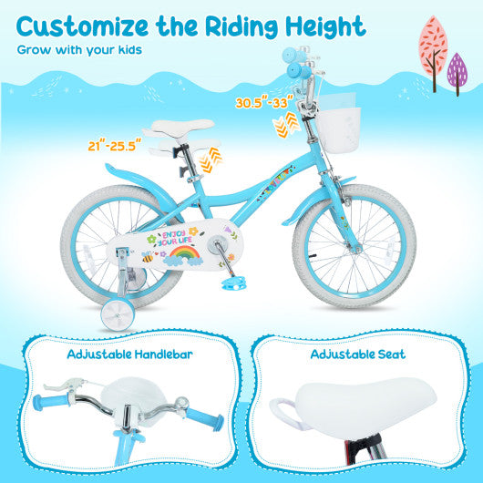 16 Inches Girls Bike for 4-7 Years Old with Training Wheels and Basket Spring Party Blue