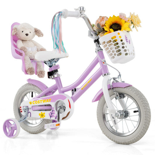12 Inch Girls Bike Kids Bicycle with Doll Seat and Streamers for Children 3-4 Years Old