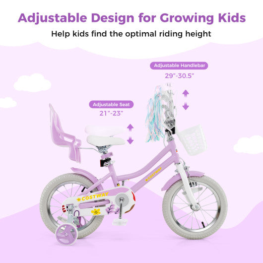 14 Inch Girls Bike Kids Bicycle with Doll Seat and Streamers for Children 3-5 Years Old