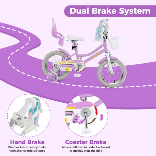 14 Inch Girls Bike Kids Bicycle with Doll Seat and Streamers for Children 3-5 Years Old