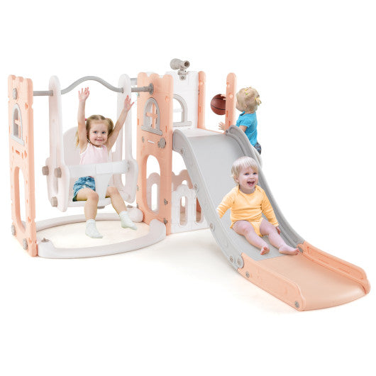 7-in-1 Toddle Swing and Slide Set L-shaped with Ladder and Basketball Hoop-Pink