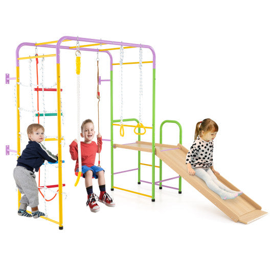 Metal Indoor Jungle Gym 8-in-1 Climbing Playset with Monkey Bars-Multicolor