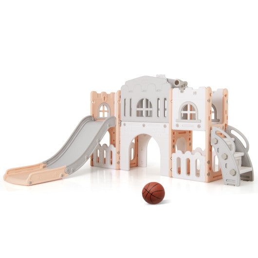 All-in-1 Toddle Slide Playset Playground with Tunnel and Ladder and Basketball-Pink
