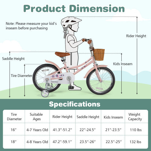 18 Inch Kids Bike Retro Bicycle with Adjustable Height and Basket for Ages 4-8 Years Old-18 inches