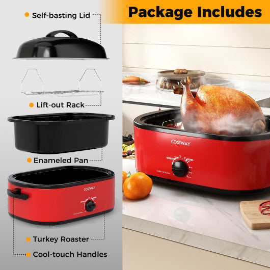 18QT Electric Roaster Oven with Self-Basting Lid Turkey Roaster with Removable Pan-Red