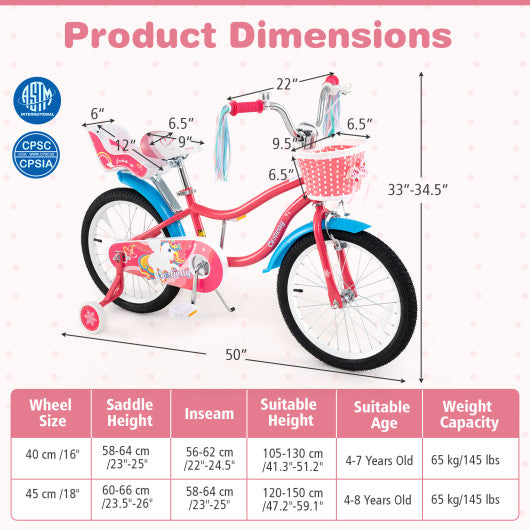 18 Inch Girls Bike for 3-5 Years Old Kids Bike with Doll Seat and Training Wheels