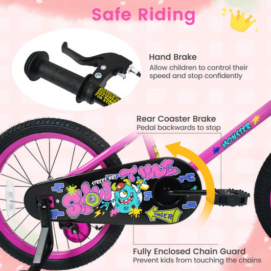 18 Inch Kids Bike with Training Wheels for Ages 4-8 Years Old Pink- Street Art Time