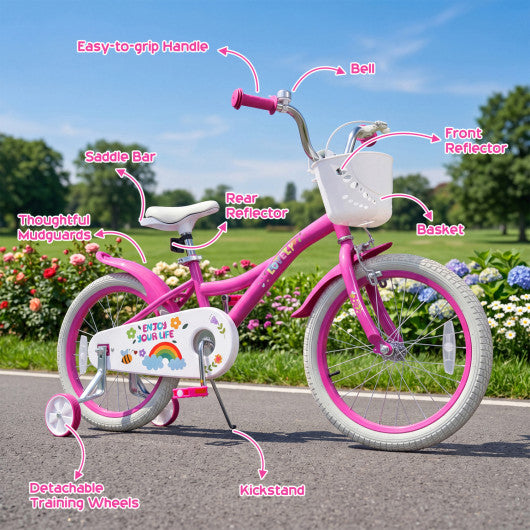 18 Inches Girls Bike for 4-8 Years Old with Basket - Spring Party Pink