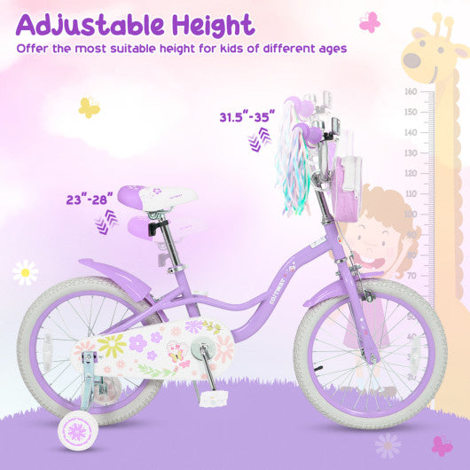 18 Inches Girls Bike with Front Bag and Streamers for 4-8 Years Purple