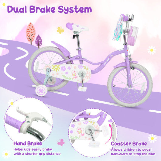 18 Inches Girls Bike with Front Bag and Streamers for 4-8 Years Purple