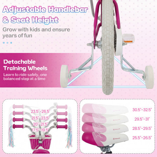 18-Inch Kids Bike Adjustable with Basket and Streamers Rose Red - Princess of the Sea Theme