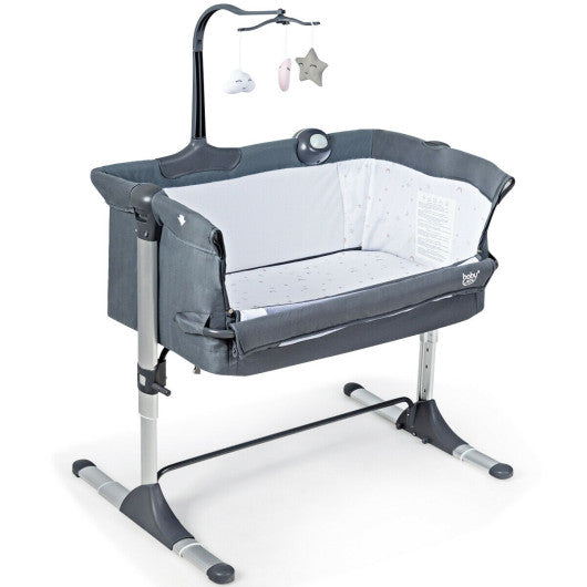 Height Adjustable Baby Side Crib with Music Box & Toys-Dark Gray