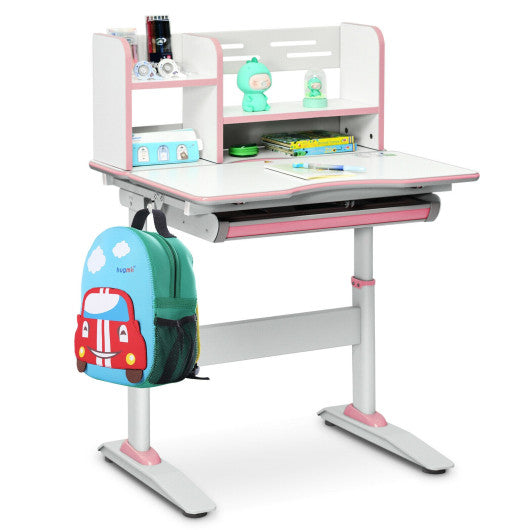 Kids Multifunctional Writing Desk with Tilt Desktop and Book Shelf-Pink