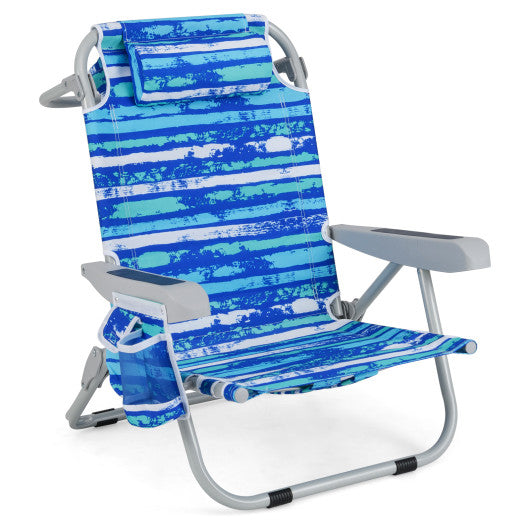 1 Piece Foldable Backpack Beach Chair with Cup Holder and Storage Pockets for Outdoor-Navy