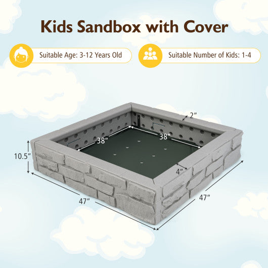 2-In-1 HDPE Kids Sandbox with Cover and Bottom Liner-Gray