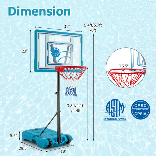 Pool Basketball Hoop Adjustable 3.8-4.4 FT Portable Poolside Basketball Goal with Fillable Base