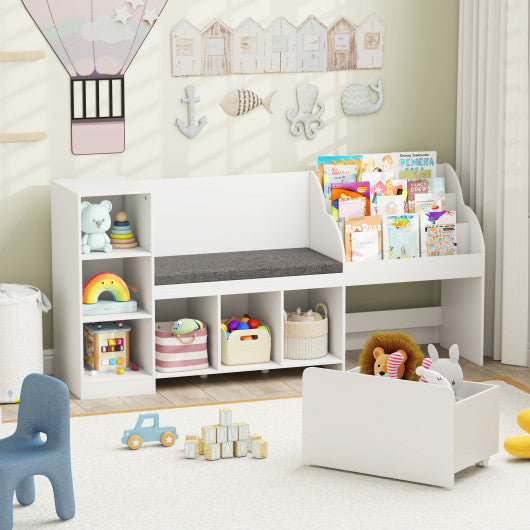 Kids Bookcase with Reading Nook 4-in-1 Standing Toy Organizer-White